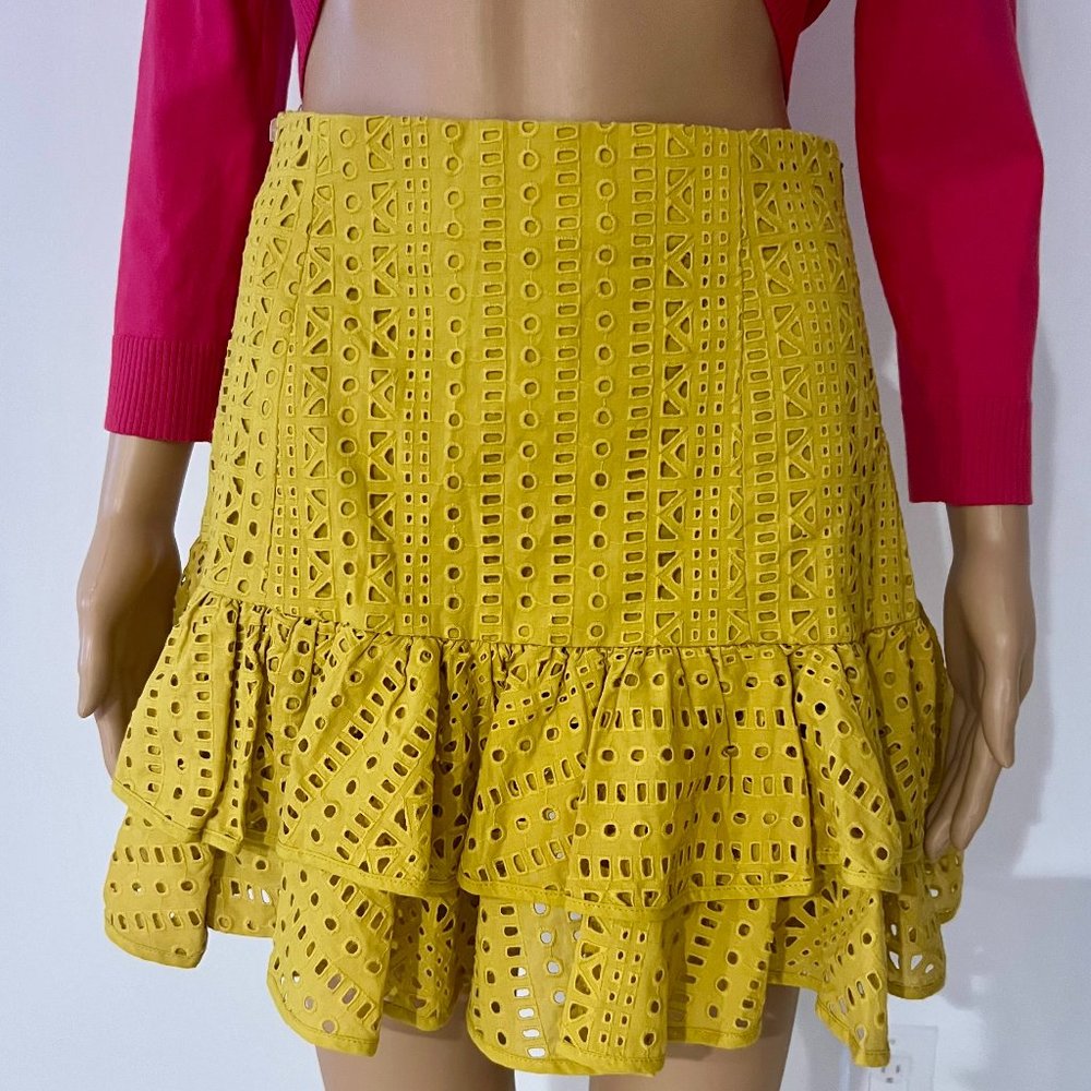 ZARA Yellow Ruffle Skirt High Waist Cut Out Embroidered Summer Size S - Picture 9 of 12